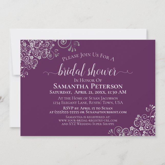 Invitation Elégant Lacy Silver sur Plum Purple Fête des marié (Devant)
