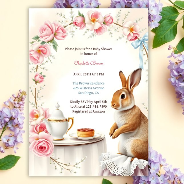 Invitation Elégant lapin Floral Spring Tea Party Baby shower (Personalized Tea Party Baby Shower Invitation Elegant Bunny & Floral Baby Shower Invite)