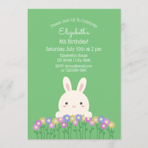Invitation Élégant lapin mignon et fleurs Sage Vert Anniversa