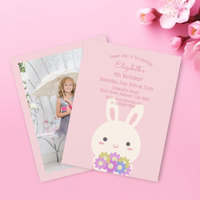 Invitation Elégant lapin rose et Fleurs fille Anniversaire Ph (Créateur téléchargé)