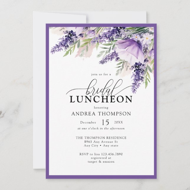 Invitation Élégant Lavande Fleurs violettes Déjeuner nuptial (Devant)