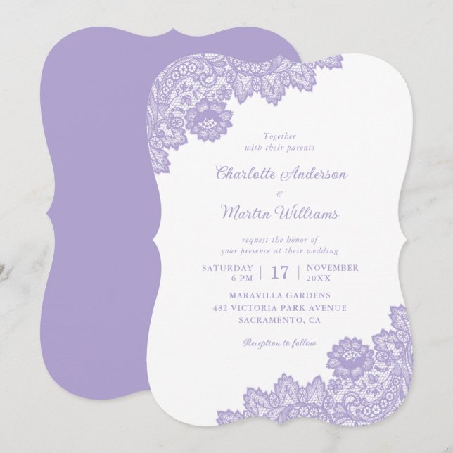Invitation Élégant Lavande Floral Mariage de dentelle (Devant / Derrière)