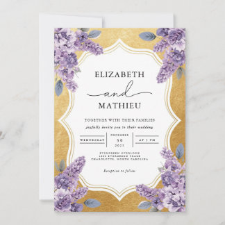 Invitation Élégant Lavande Floral Mariage frontière or