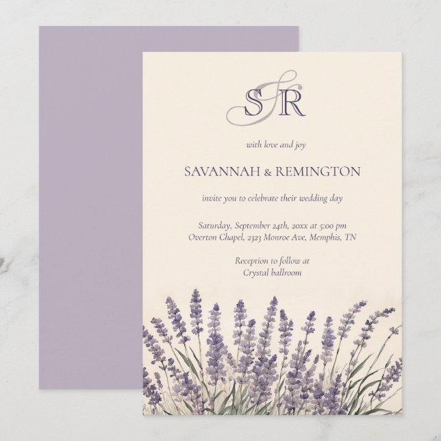 Invitation Élégant Lavande Floral Mariage monogramme (Devant / Derrière)