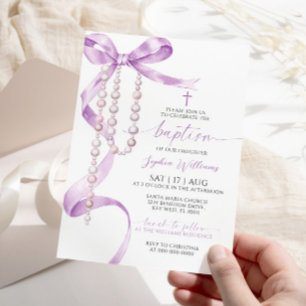 Invitation Élégant Lavender Bow & Rosary Baptisme