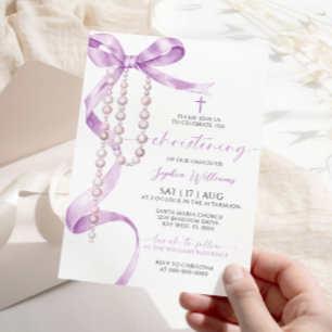 Invitation Élégant Lavender Bow & Rosary Christening
