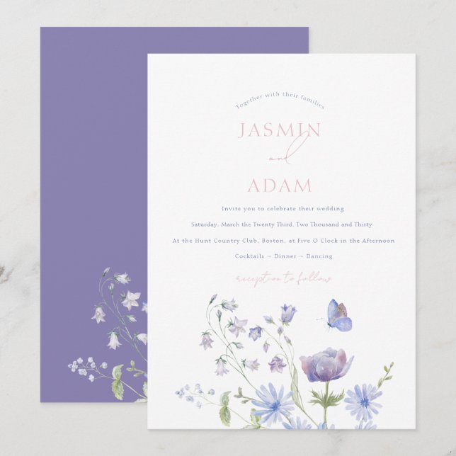 Invitation Élégant Lavender Fleurs sauvages papillons Mariage (Devant / Derrière)