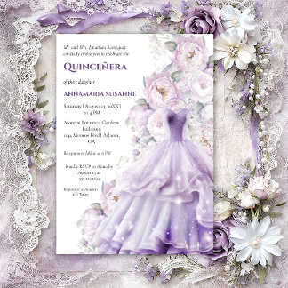 Invitation Elegant Lavender Floral Quinceañera Ball Gown |