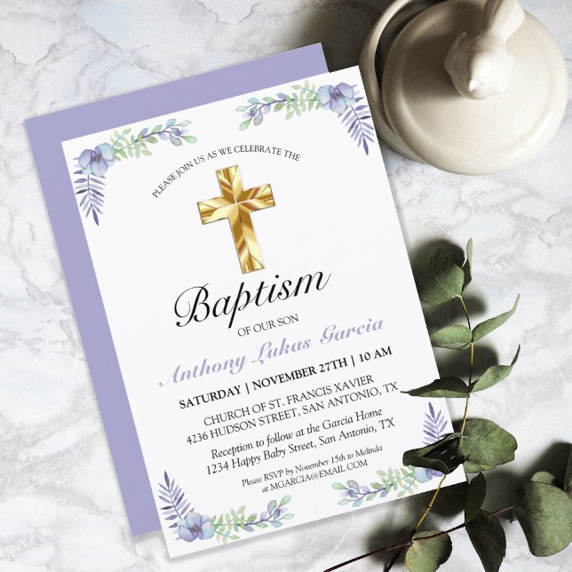 Invitation Élégant Lavender Gold Cross Baby Baptism (Créateur téléchargé)