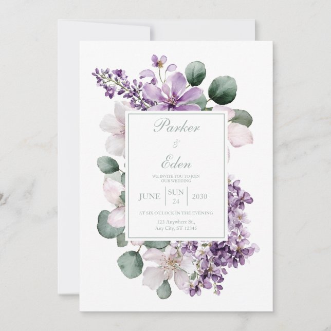 Invitation Elegant Lavender Lilac Eucalyptus Watercolor (Devant)