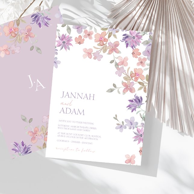 Invitation Élégant Lavender rose Whimsical Fleur sauvage Mari (Elegant Lavender Pink Whimsical Wildflower Wedding Invitation)