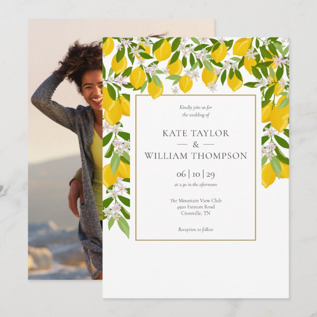 Invitation Élégant Lemons Blossom Greenery Photo Mariage Invi (Devant / Derrière)