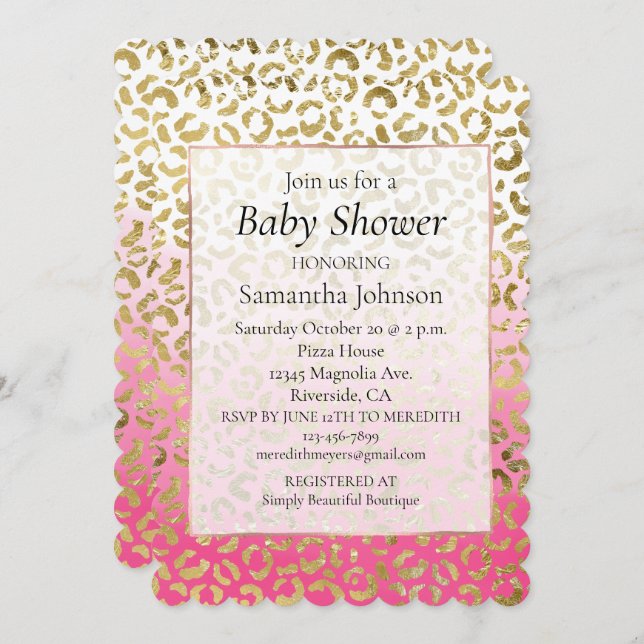 Invitation Élégant Leopard blanc rose-rose (Devant / Derrière)