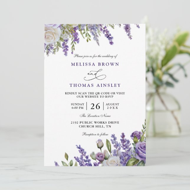 Invitation Elegant Light Purple Lavender QR Code Wedding (Debout devant)