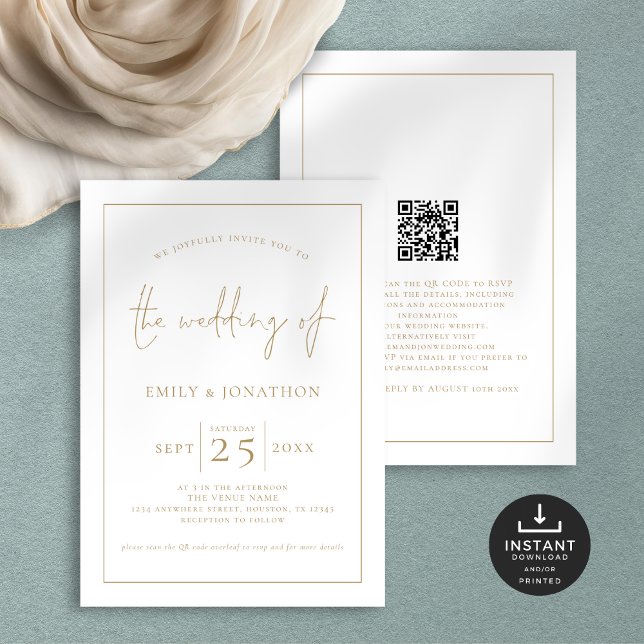 Invitation Elegant Ligne de script or Bordure Code QR Mariage (front and back view)