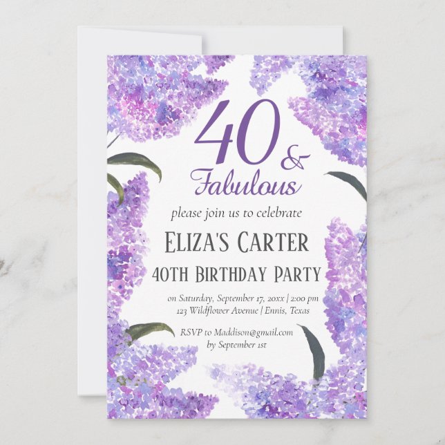 Invitation Elégant Lilac 40ème anniversaire de Quarante Fleur (Devant)