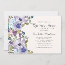 Invitation Elégant Lilac bleu Floral Horizontal Quinceañera