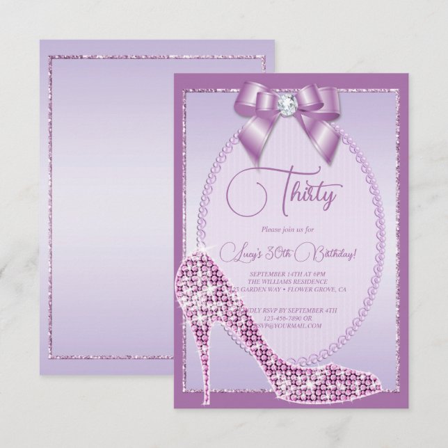 Invitation Elégant Lilac Jewel Bow & Stiletto Anniversaire (Devant / Derrière)