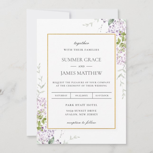 Invitation Élégant Lilac mauve Flore Mariage (Devant)