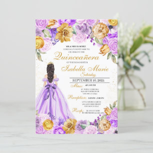 Invitation Elégant Lilac & Or Floral Quinceanera Anniversaire