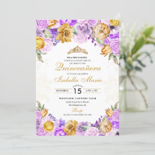 Invitation Elégant Lilac & Or Floral Quinceanera Anniversaire