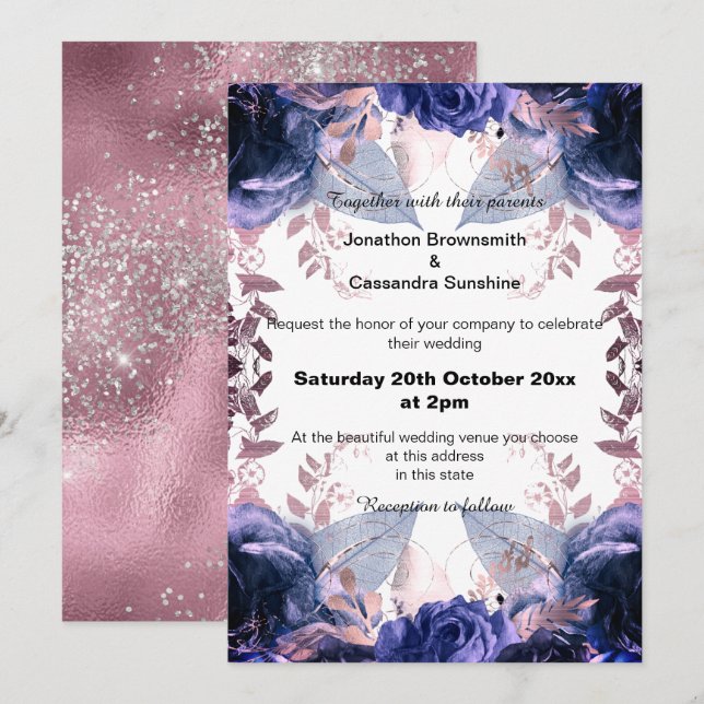 INVITATION ÉLÉGANT LILAC PARTIES SCINTILLANT FLORAL NAVY MARI (Devant / Derrière)