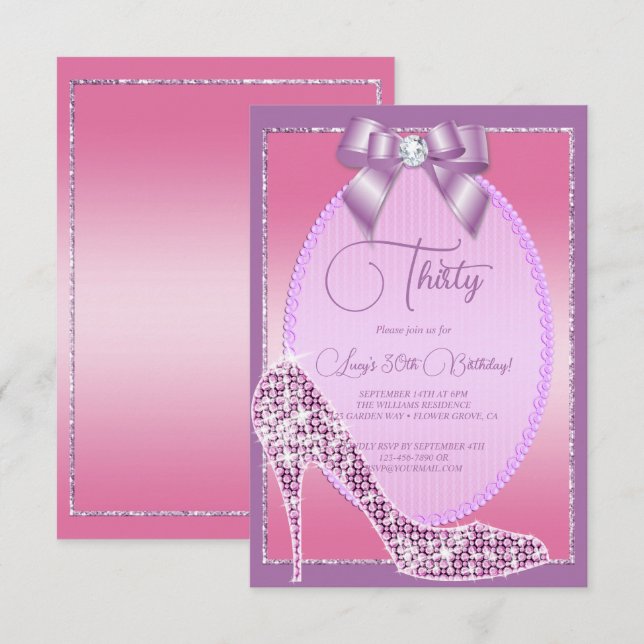 Invitation Elégant Lilac & Pink Jewel Bow & Stiletto Annivers (Devant / Derrière)