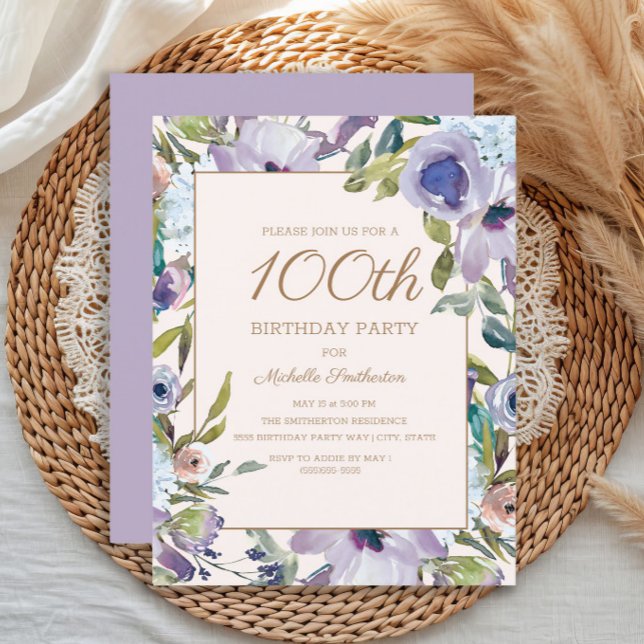 Invitation Élégant Lilac Purple Floral 100e anniversaire (Elegant purple watercolor floral women's 100th birthday party invitation)