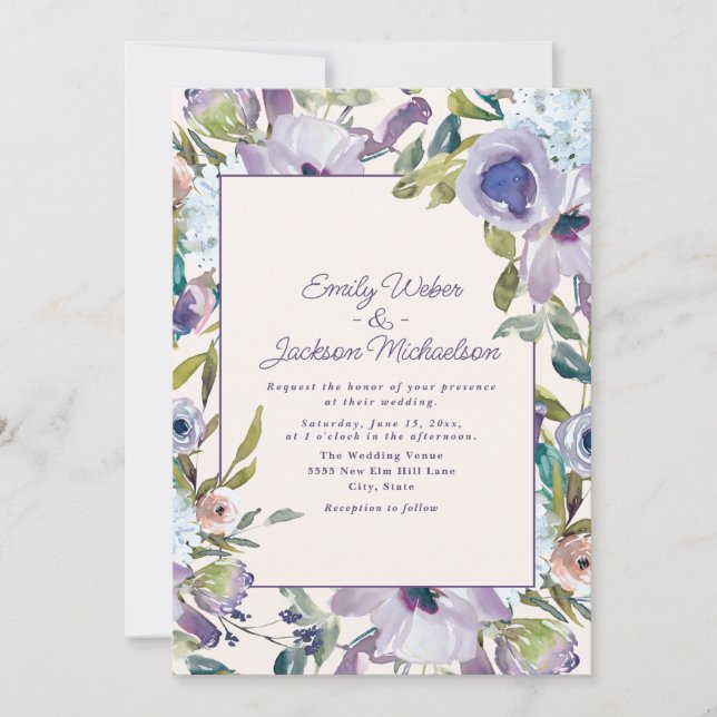 Invitation Élégant Lilac violet Dusty bleu Mariage floral (Devant)