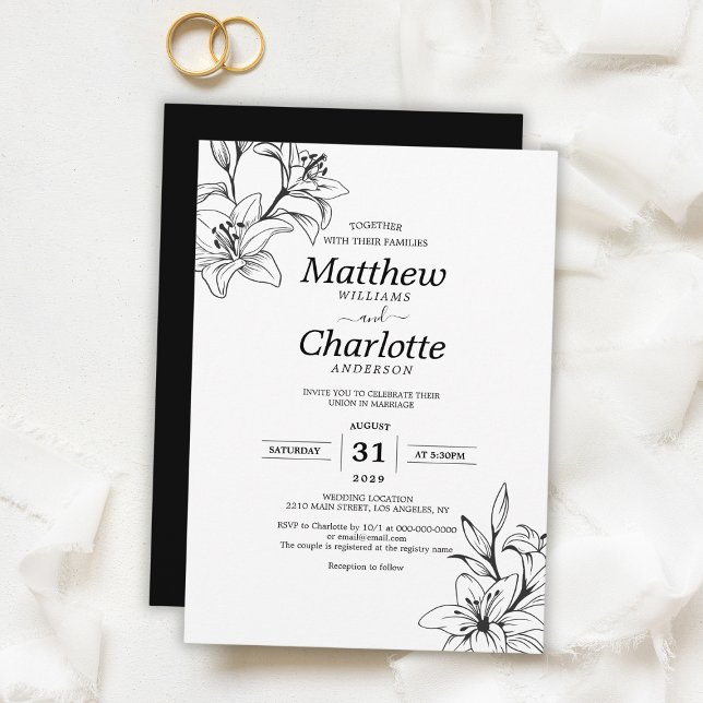 Invitation Élégant Lily Flower noir et blanc Mariage (Elegant Lily Flower Black and White Wedding Invitation
)