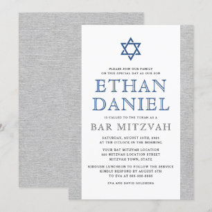 Invitation Élégant lin gris bleu étoile de David bar mitzvah