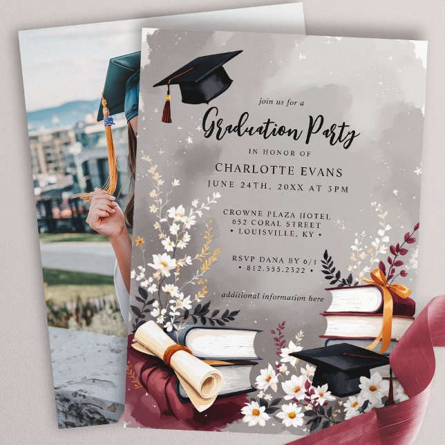 Invitation Élégant livre floral Partie de graduation Photo (Créateur téléchargé)