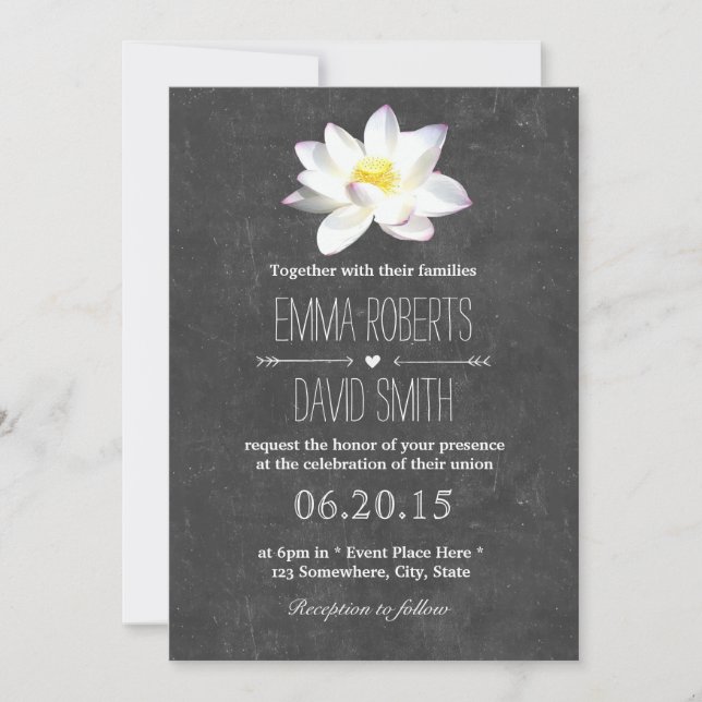 Invitation Élégant Lotus Floral Rustic Chalkboard Mariage (Devant)
