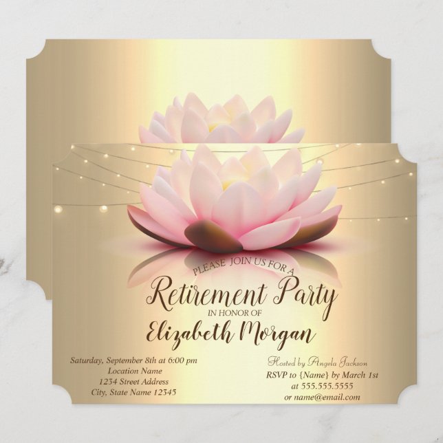 Invitation Élégant Lotus String Or Lights Retraite Party (Devant / Derrière)