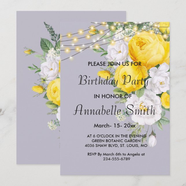 Invitation Elégant lumières rustiques Jaune Floral Anniversai (Devant / Derrière)