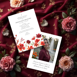 Invitation Elegant Lush Minimalist Floral In Dark Red Funeral