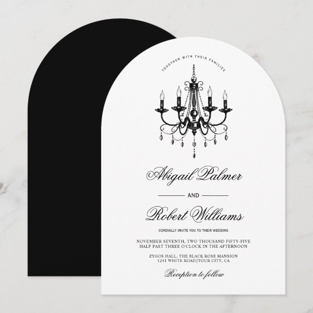 Invitation Élégant lustre noir Vieux argent mariage voûté (Devant / Derrière)