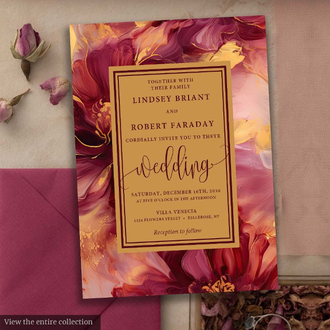 Invitation Élégant Lux Burgundy Blush Rose or Mariage (Elegant Lux Burgundy Blush Gold Roses Wedding Invitation)