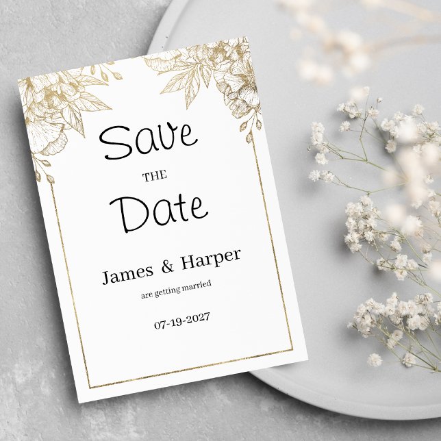 Invitation Élégant luxe blanc et or floral Enregistrer la dat (Elegant luxury white and gold floral Save the Date)