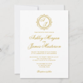 Invitation Élégant Luxe Sombre Or Monogramme Mariage blanc