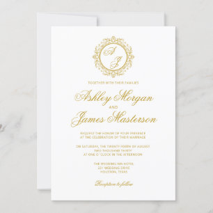 Invitation Élégant Luxe Sombre Or Monogramme Mariage blanc