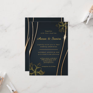 Invitation Élégant Luxueux mariage floral noir et or