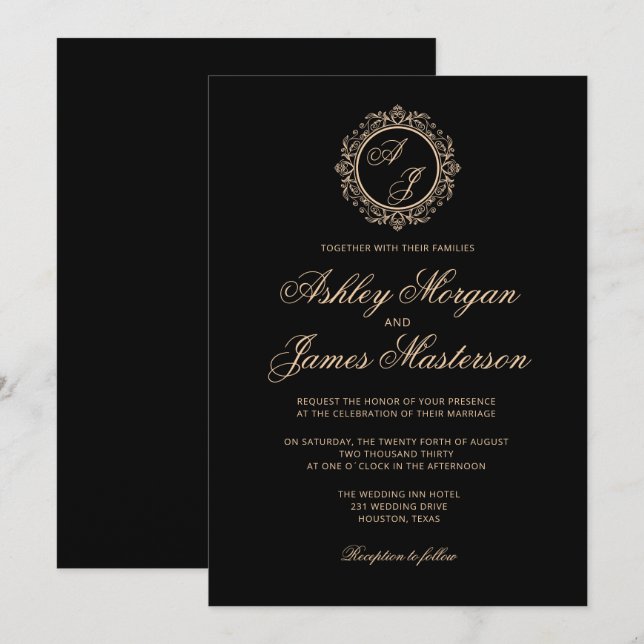 Invitation Elégant Luxury Gold Monogramme Mariage noir (Devant / Derrière)