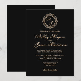 Invitation Elégant Luxury Gold Monogramme Mariage noir