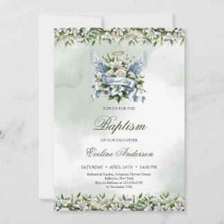 Invitation Élégant Lys blancs et roses Blessday Baptism