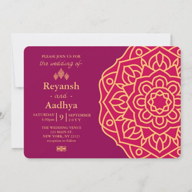 Invitation Élégant Magenta Gold Hindu Mandala Mariage indien (Devant)