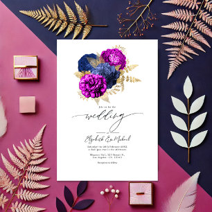 Invitation Elégant Magenta, Marine et Gold Floral Mariage