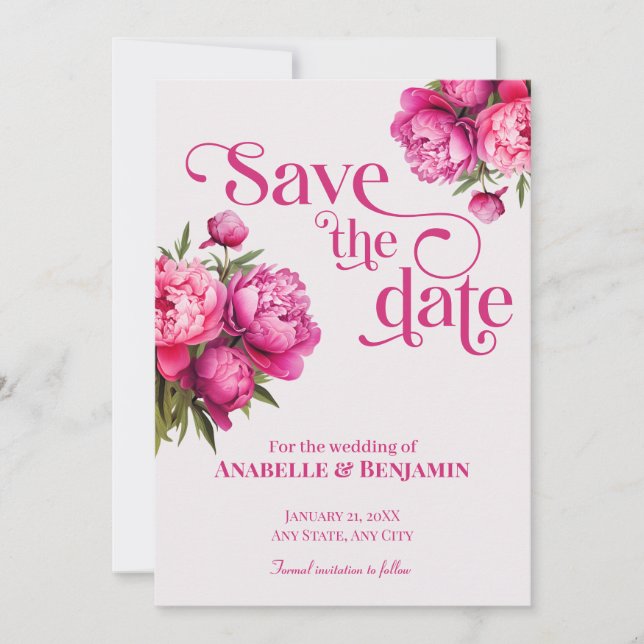 Invitation Élégant Magenta Peony Floral Enregistrer la date (Devant)