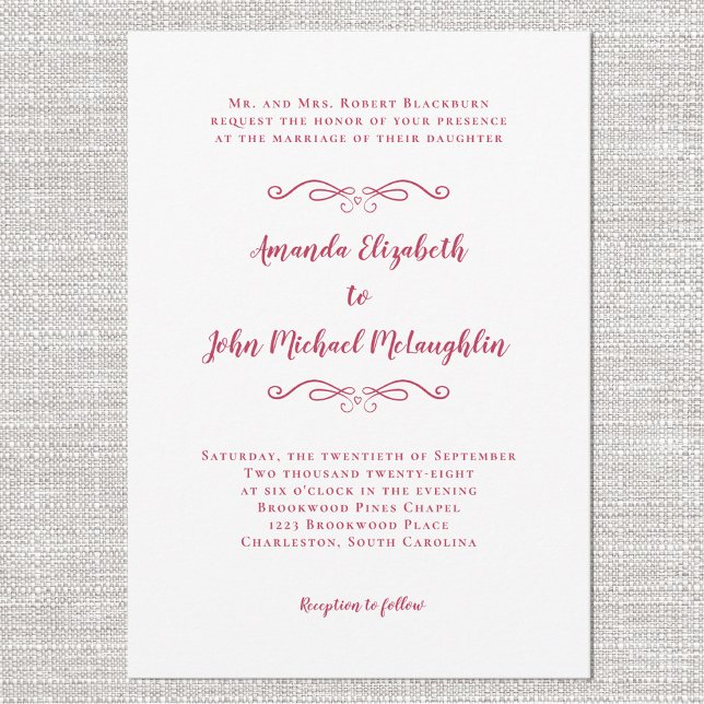 Invitation Élégant Magenta Red Script Classic Mariage formel (Elegant Magenta Red Script Classic Formal Wedding Invitation)