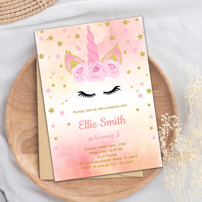 Invitation Elégant Magical Girl Party Card avec design floral (Rose Pink Unicorn Birthday Invitations)
